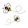 Bees flying on dotted route. Cute bumblebee characters Royalty Free Stock Photo